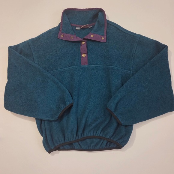 Vintage Woolrich Womens Fleece Pullover Teal Green Purple Button Up Medium USA - Picture 1 of 8